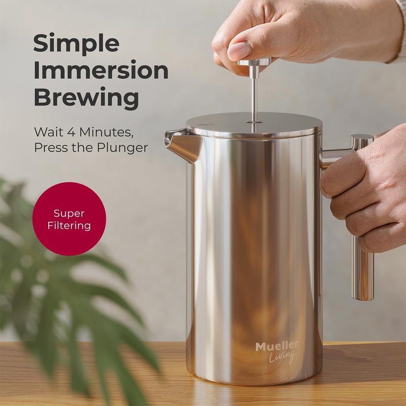MuellerLiving French Press Coffee Maker 34oz, Stainless Steel French Press Coffee, 4 Filter Heat Resistant Double Insulated, Rust-Free, Food Grade, Dishwasher Safe Coffee Pot - Image 4
